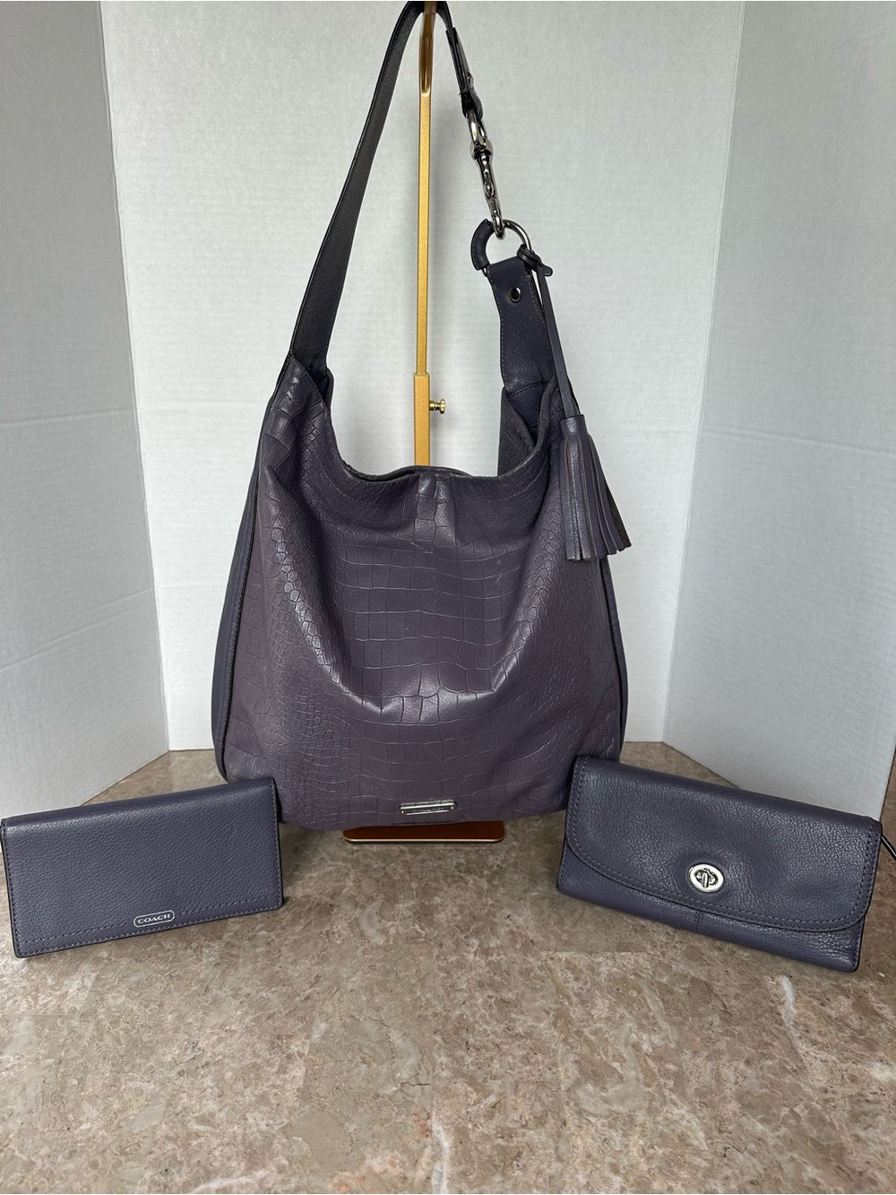 Coach 3 Set Avery Croc Embossed Slouchy Hobo Leather Bag, Wallet & Card Holder